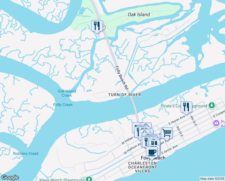 map of restaurants, bars, coffee shops, grocery stores, and more near 1 West Mariners Cay Drive in Folly Beach