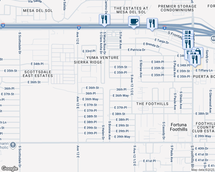 map of restaurants, bars, coffee shops, grocery stores, and more near 12316 36th Place in Yuma