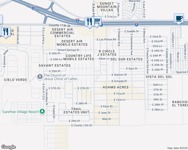 map of restaurants, bars, coffee shops, grocery stores, and more near 11500 South Avenue 9 East in Yuma