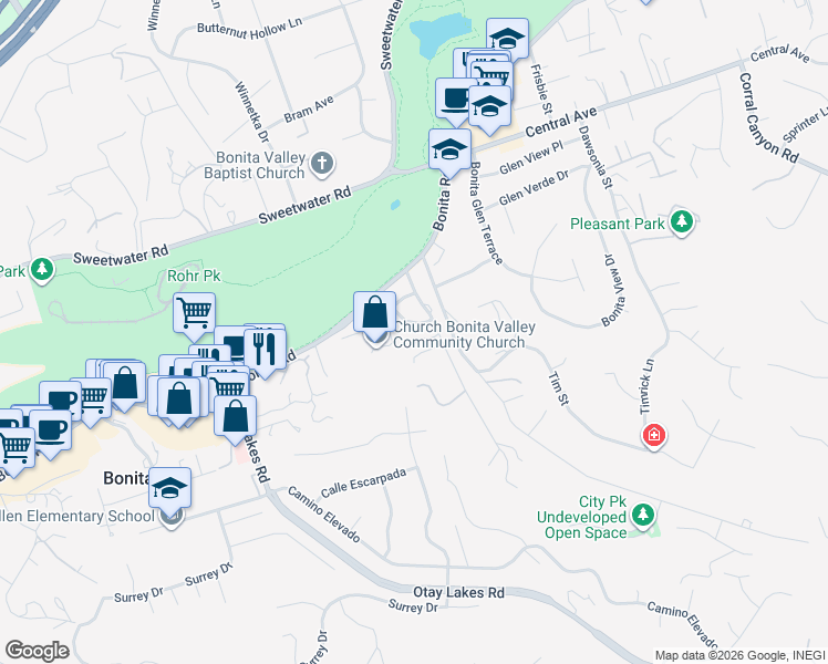 map of restaurants, bars, coffee shops, grocery stores, and more near 3834 Valle Verde Street in Bonita