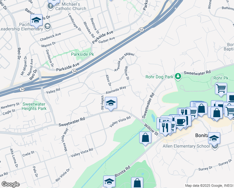 map of restaurants, bars, coffee shops, grocery stores, and more near 3808 Alameda Way in Bonita