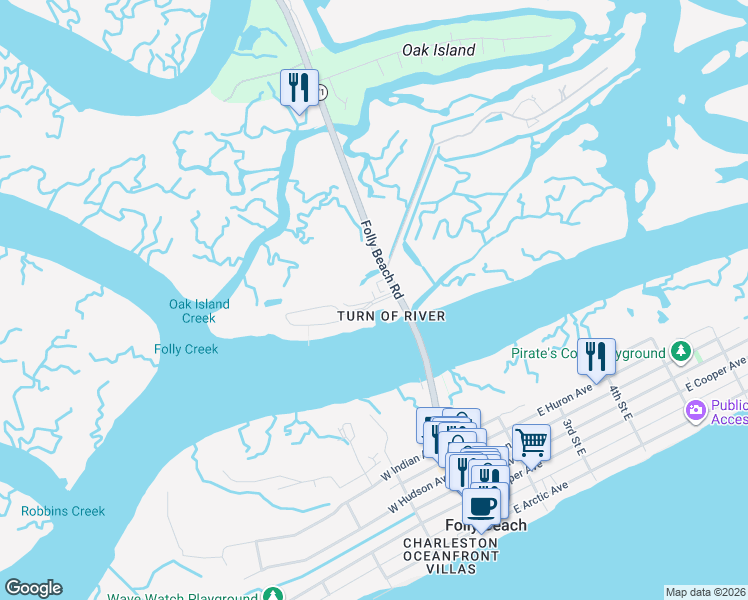 map of restaurants, bars, coffee shops, grocery stores, and more near 9 Mariners Cay Drive in Folly Beach