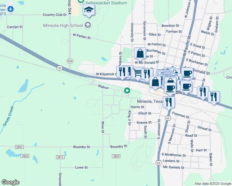 map of restaurants, bars, coffee shops, grocery stores, and more near 203 Phillips Street in Mineola
