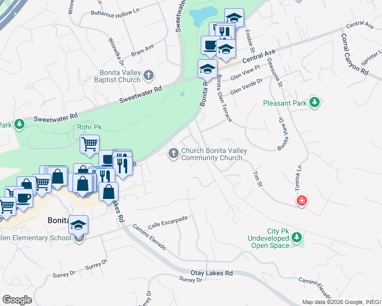 map of restaurants, bars, coffee shops, grocery stores, and more near 3834 Valle Verde Street in Bonita