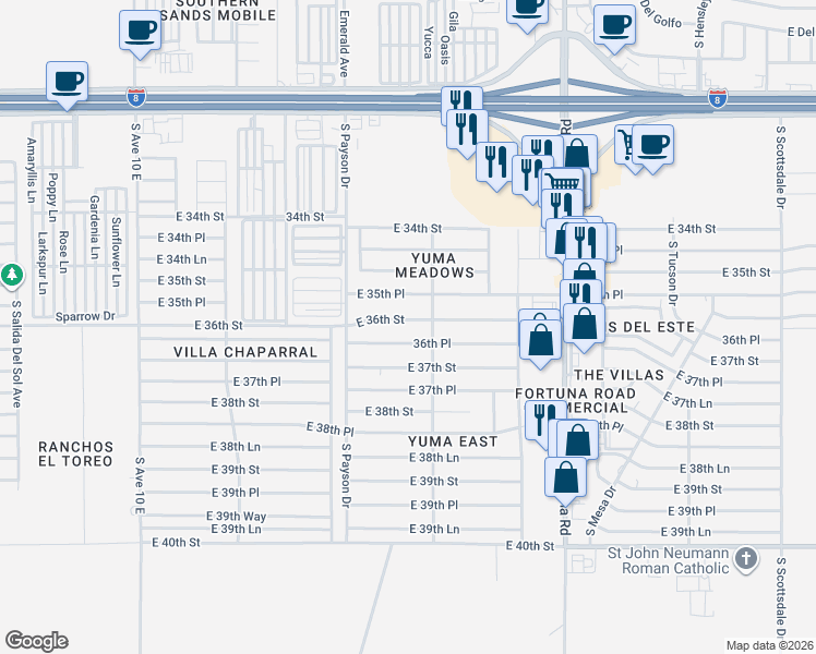 map of restaurants, bars, coffee shops, grocery stores, and more near 10623 36th Place in Yuma