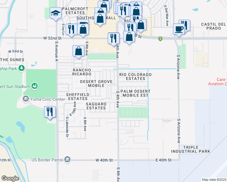 map of restaurants, bars, coffee shops, grocery stores, and more near 492 West Rainbow Lane in Yuma