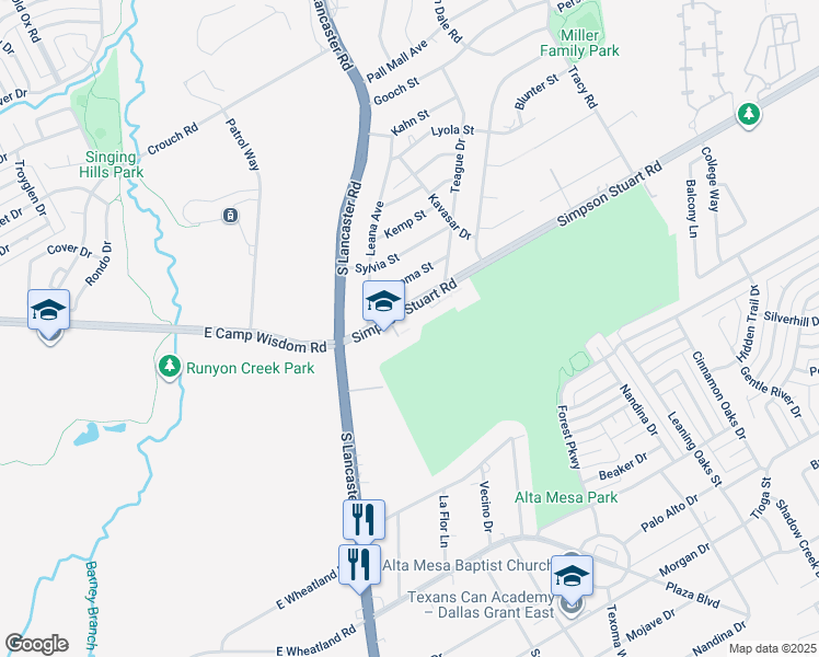 map of restaurants, bars, coffee shops, grocery stores, and more near 2424 Simpson Stuart Road in Dallas