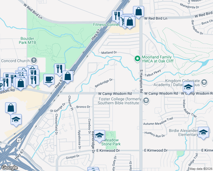 map of restaurants, bars, coffee shops, grocery stores, and more near 2707 West Camp Wisdom Road in Dallas