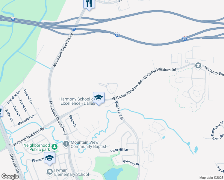 map of restaurants, bars, coffee shops, grocery stores, and more near 8015 West Camp Wisdom Road in Dallas
