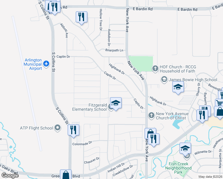 map of restaurants, bars, coffee shops, grocery stores, and more near 1609 Rockdale Drive in Arlington