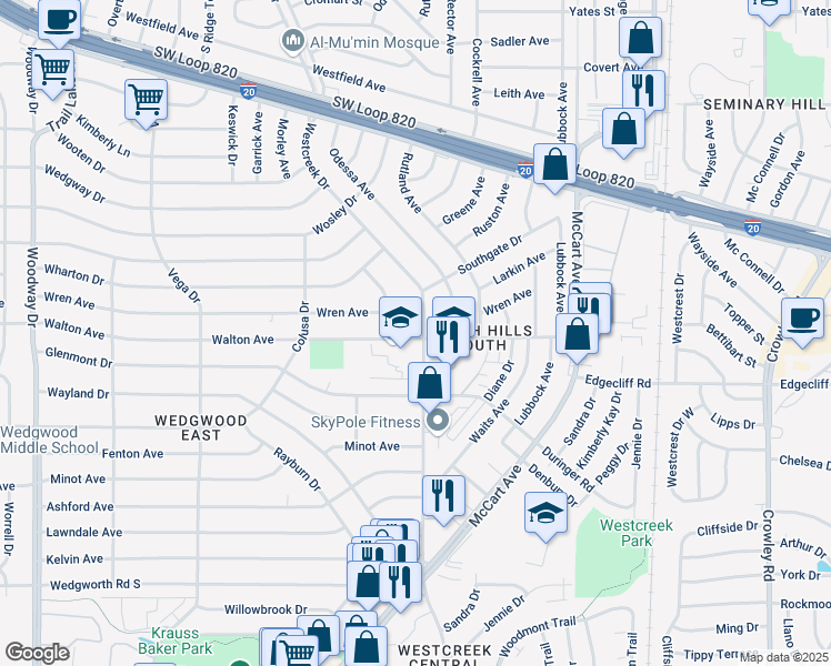 map of restaurants, bars, coffee shops, grocery stores, and more near 3401 Walton Avenue in Fort Worth