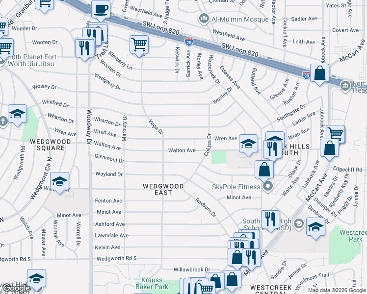 map of restaurants, bars, coffee shops, grocery stores, and more near 3517 Walton Avenue in Fort Worth