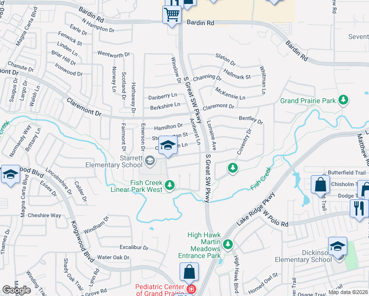 map of restaurants, bars, coffee shops, grocery stores, and more near 2621 Fairmont Drive in Grand Prairie