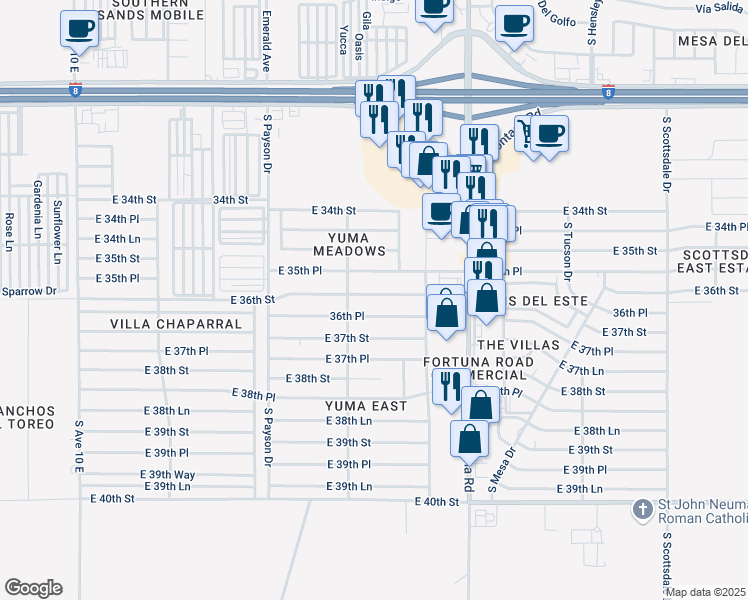 map of restaurants, bars, coffee shops, grocery stores, and more near 10709 East 36th Street in Yuma