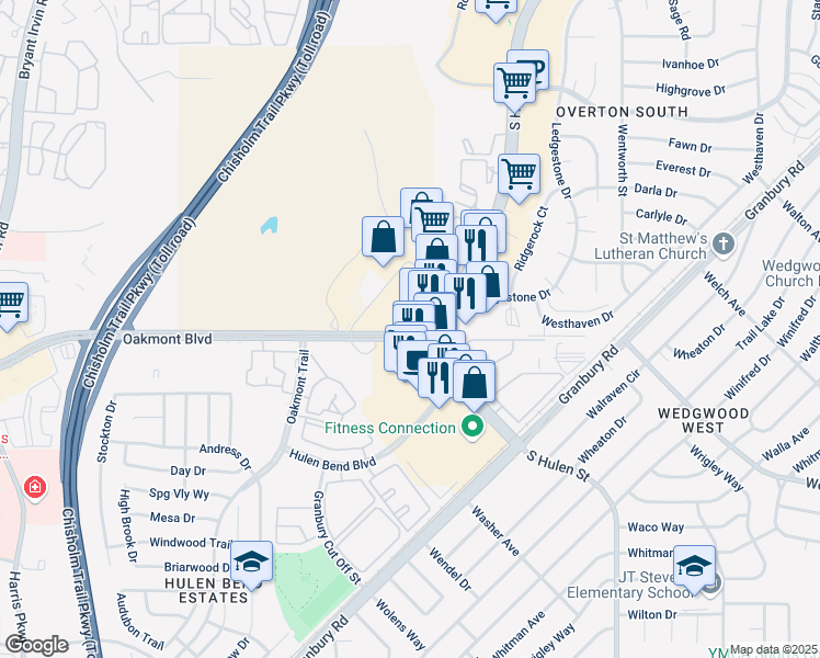 map of restaurants, bars, coffee shops, grocery stores, and more near 6217 Oakmont Blvd in Fort Worth