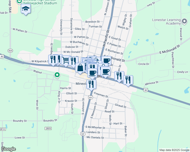 map of restaurants, bars, coffee shops, grocery stores, and more near 24988 fm 1253 in Mineola