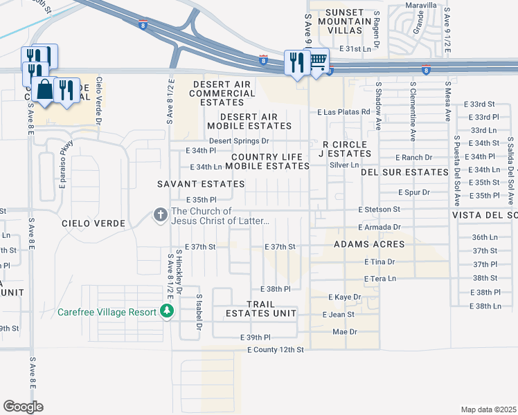 map of restaurants, bars, coffee shops, grocery stores, and more near 11400 South Organ Pipe Lane in Yuma