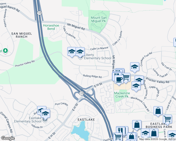 map of restaurants, bars, coffee shops, grocery stores, and more near 2228 Mountain Ridge Road in Chula Vista