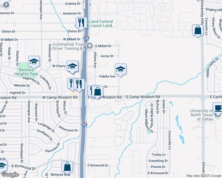 map of restaurants, bars, coffee shops, grocery stores, and more near 314 East Camp Wisdom Road in Dallas