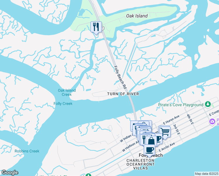 map of restaurants, bars, coffee shops, grocery stores, and more near 110 Mariners Cay Drive in Folly Beach