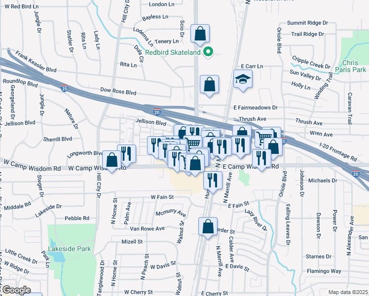 map of restaurants, bars, coffee shops, grocery stores, and more near 203 West Camp Wisdom Road in Duncanville