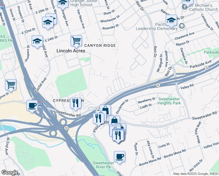 map of restaurants, bars, coffee shops, grocery stores, and more near 3131 Valley Road in National City