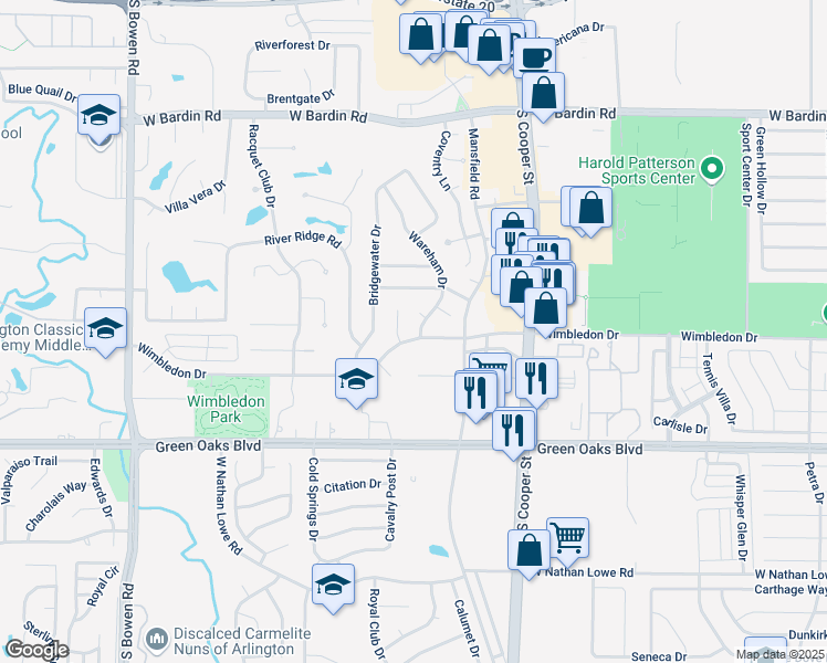 map of restaurants, bars, coffee shops, grocery stores, and more near 1910 Wimbledon Drive in Arlington
