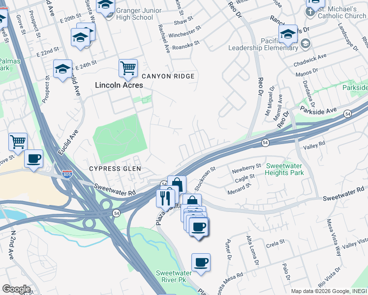 map of restaurants, bars, coffee shops, grocery stores, and more near 3011 Baker Place in National City