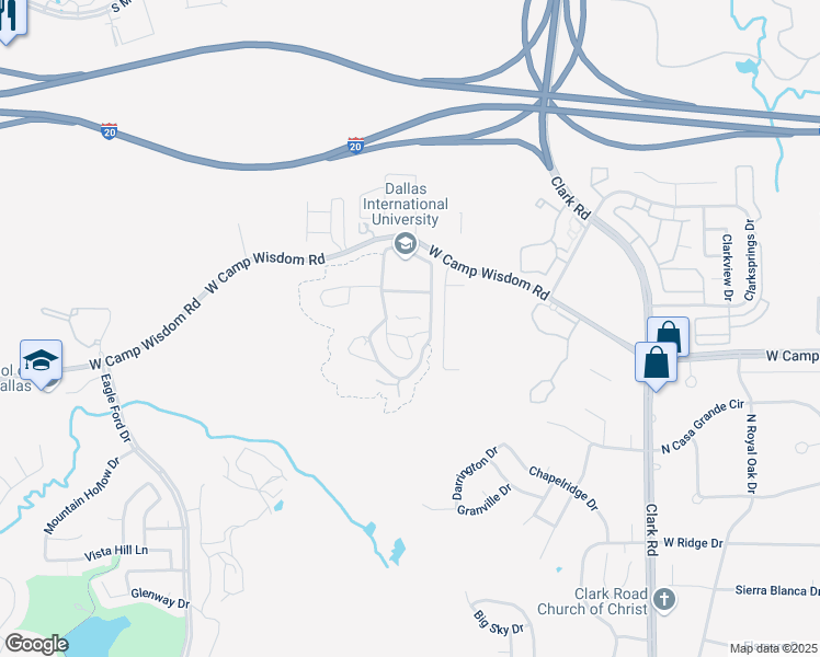 map of restaurants, bars, coffee shops, grocery stores, and more near 7500 West Camp Wisdom Road in Dallas