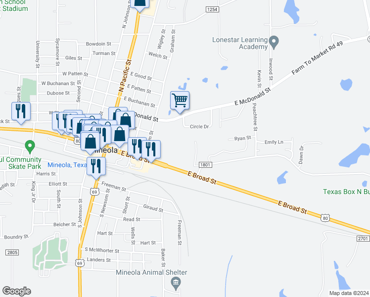 map of restaurants, bars, coffee shops, grocery stores, and more near 1037 County Road 2260 in Mineola