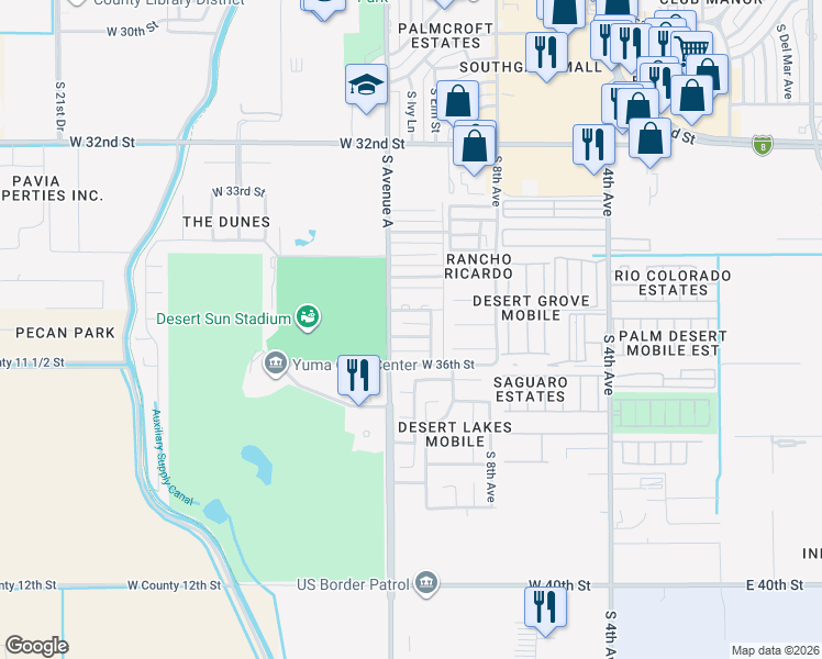 map of restaurants, bars, coffee shops, grocery stores, and more near 1186 West Kings Lane in Yuma