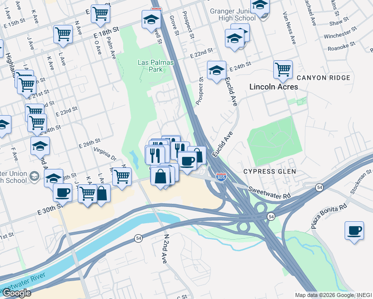map of restaurants, bars, coffee shops, grocery stores, and more near 2774 Vista Way in National City