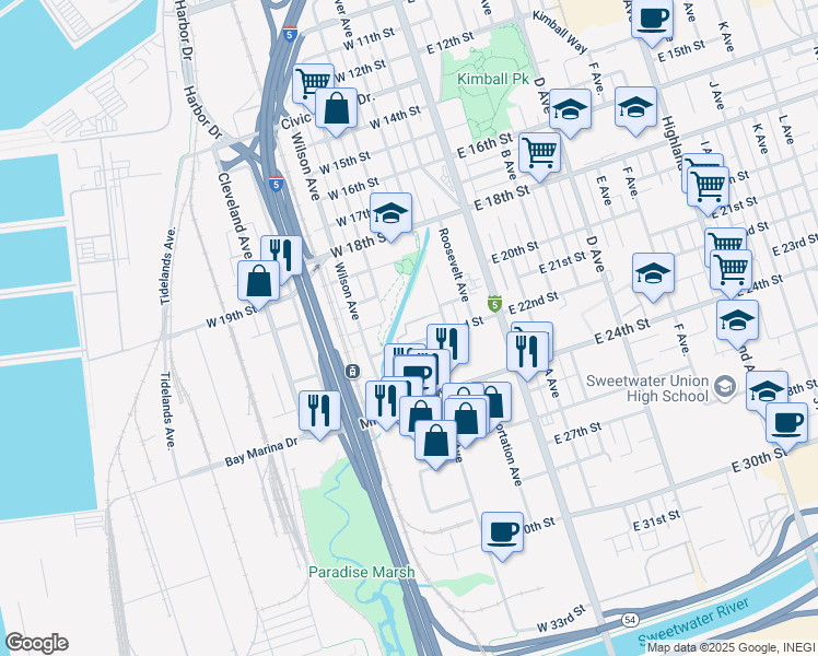 map of restaurants, bars, coffee shops, grocery stores, and more near 2012 Harding Avenue in National City