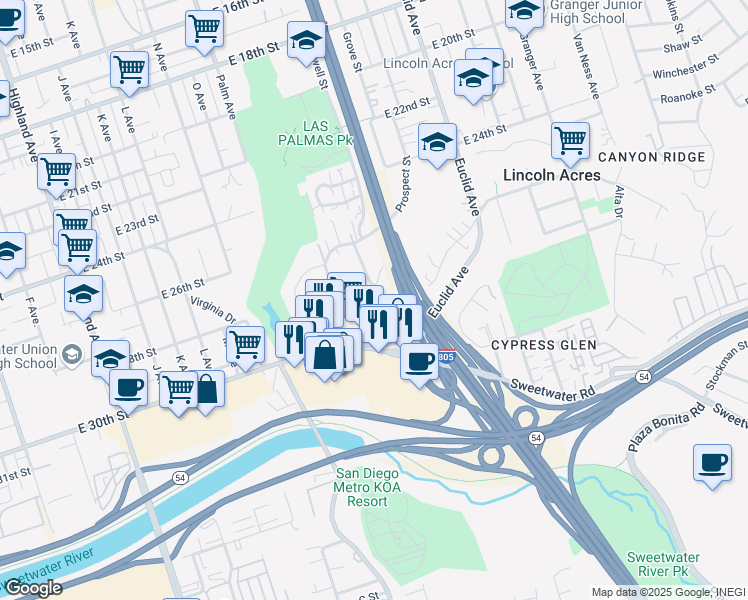 map of restaurants, bars, coffee shops, grocery stores, and more near 2818 Prospect Street in National City