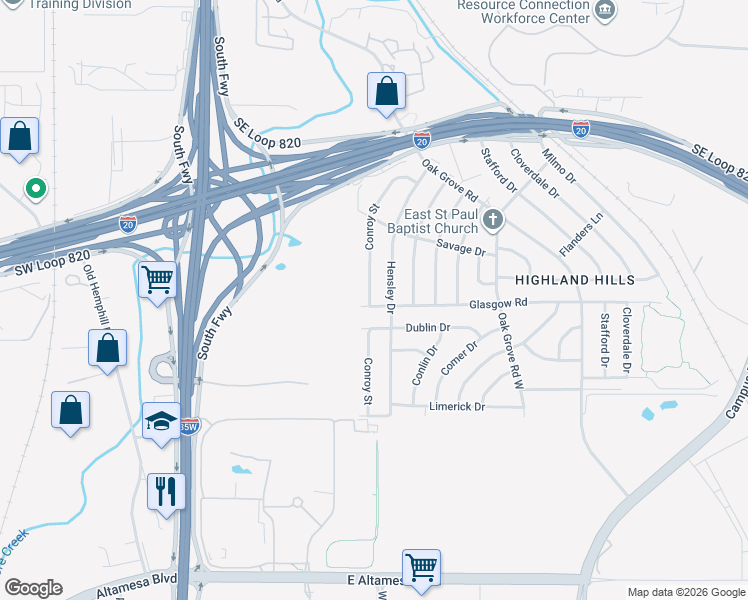 map of restaurants, bars, coffee shops, grocery stores, and more near 5436 Hensley Drive in Fort Worth