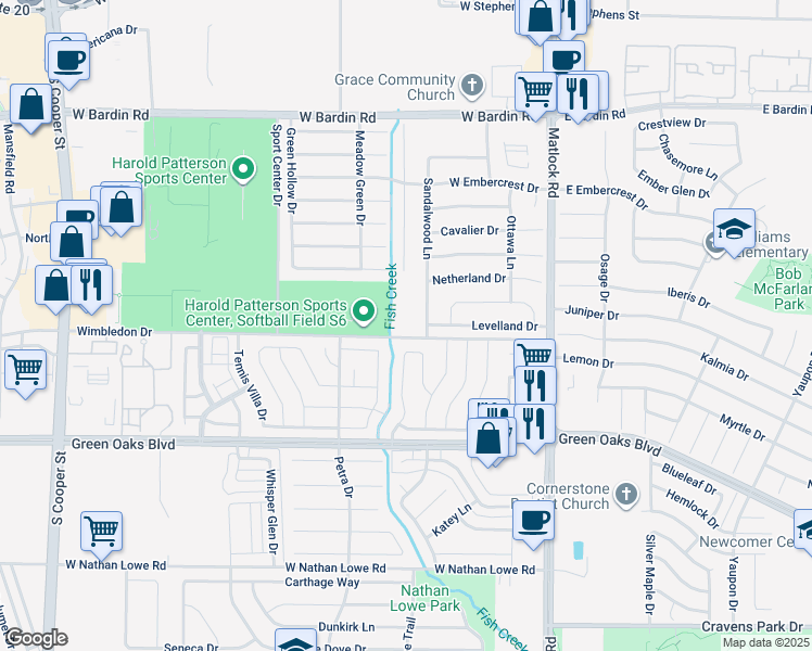 map of restaurants, bars, coffee shops, grocery stores, and more near 909 Wimbledon Drive in Arlington