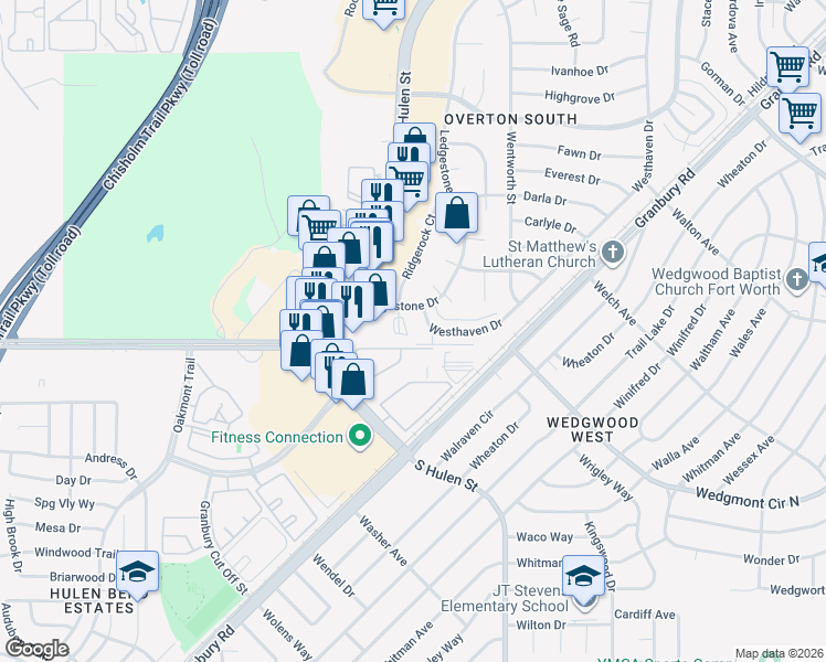 map of restaurants, bars, coffee shops, grocery stores, and more near 5805 Ridgerock Court in Fort Worth