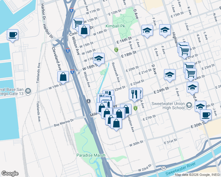 map of restaurants, bars, coffee shops, grocery stores, and more near 2120 Hoover Avenue in National City