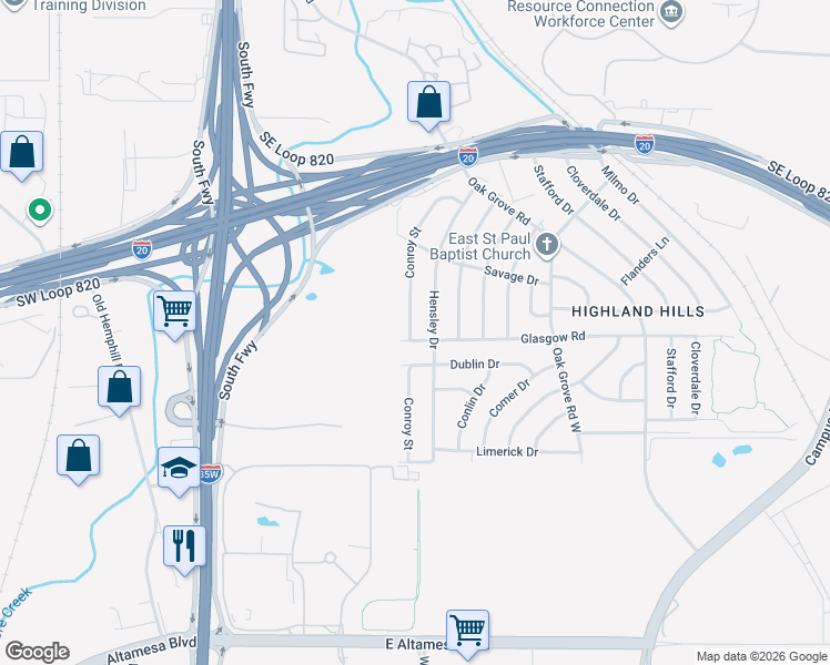 map of restaurants, bars, coffee shops, grocery stores, and more near 5436 Hensley Drive in Fort Worth