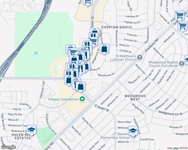map of restaurants, bars, coffee shops, grocery stores, and more near 5805 Ridgerock Court in Fort Worth