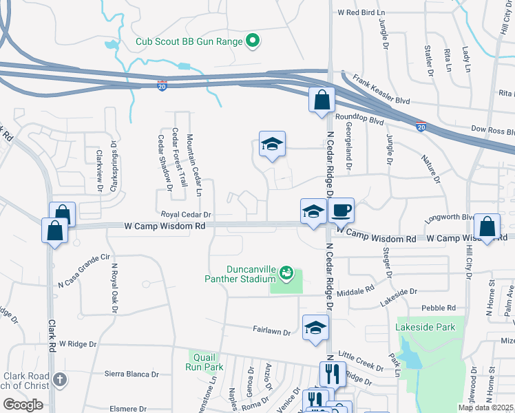 map of restaurants, bars, coffee shops, grocery stores, and more near Camp Wisdom Road in Dallas