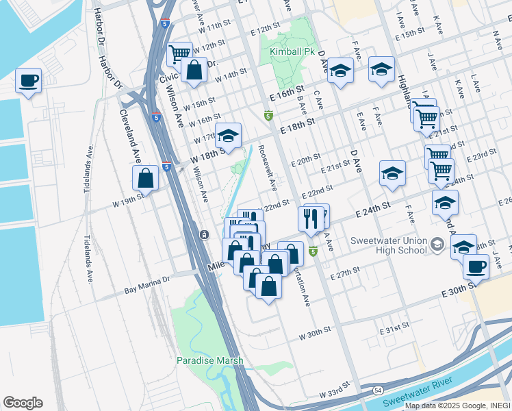 map of restaurants, bars, coffee shops, grocery stores, and more near 2100 Hoover Avenue in National City