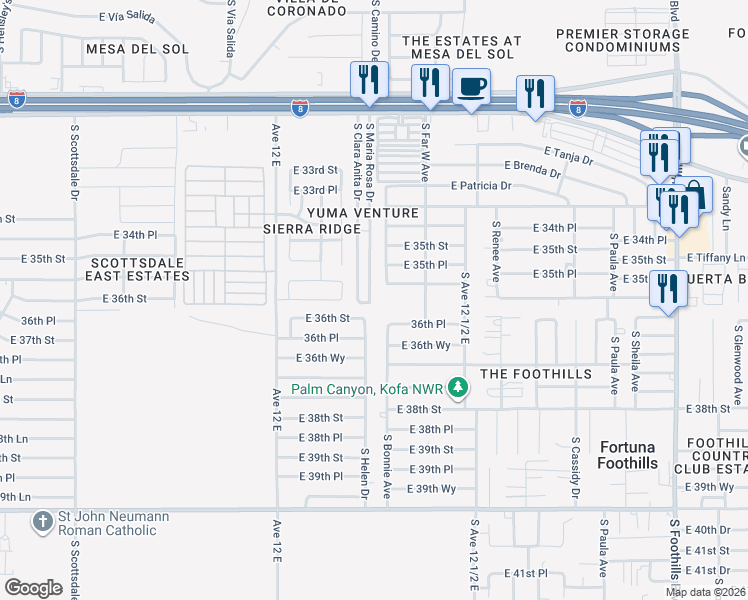 map of restaurants, bars, coffee shops, grocery stores, and more near 11460 South Maria Rosa Drive in Yuma