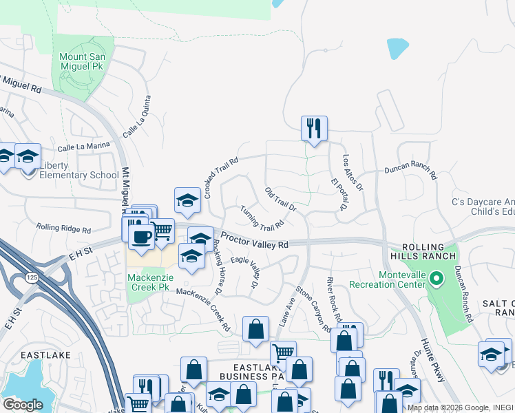 map of restaurants, bars, coffee shops, grocery stores, and more near 552 Bent Trail Drive in Chula Vista