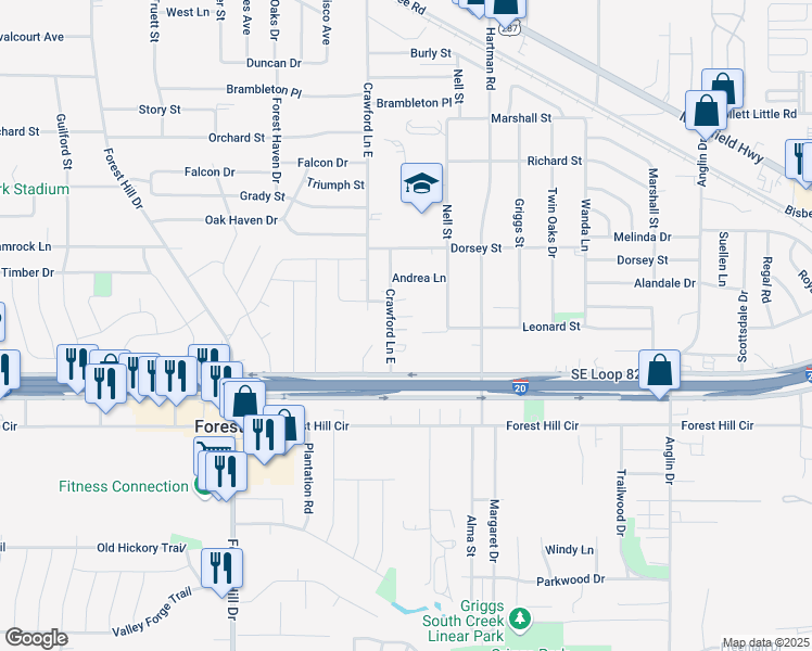 map of restaurants, bars, coffee shops, grocery stores, and more near 6319 Crawford Lane East in Forest Hill
