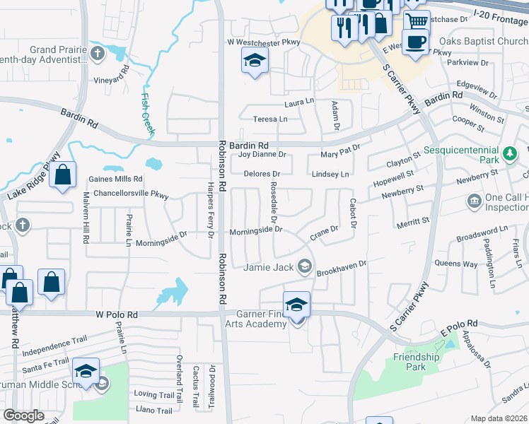 map of restaurants, bars, coffee shops, grocery stores, and more near 4434 Hanover Street in Grand Prairie