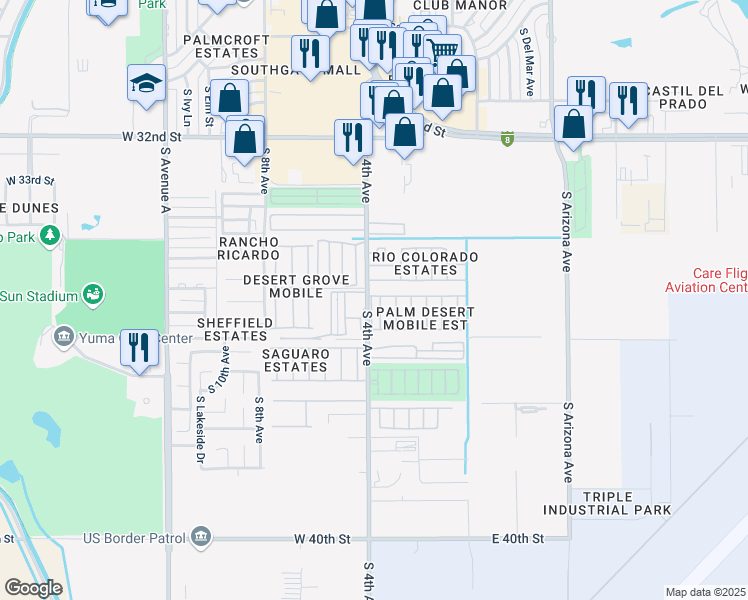 map of restaurants, bars, coffee shops, grocery stores, and more near 391 West Casa Blanca Drive in Yuma