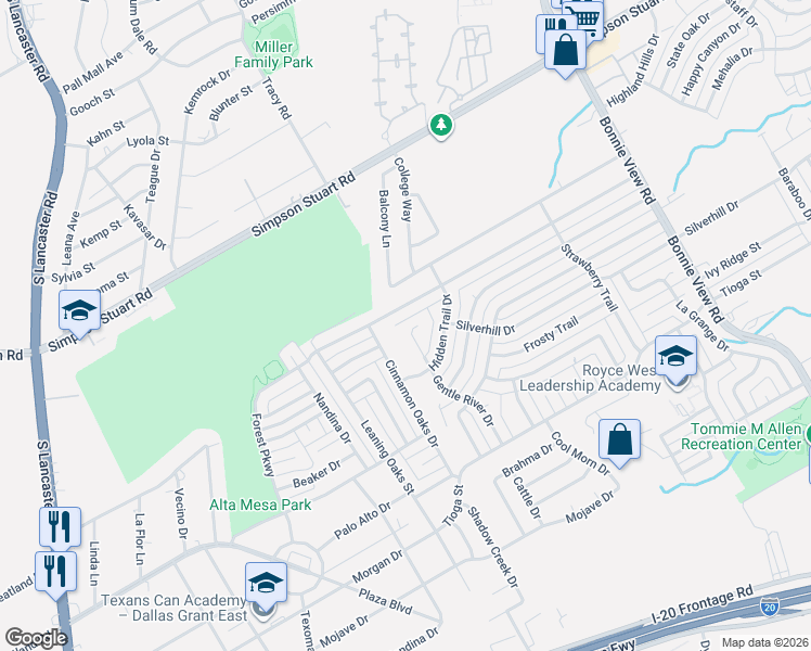 map of restaurants, bars, coffee shops, grocery stores, and more near 3322 Pacesetter Drive in Dallas