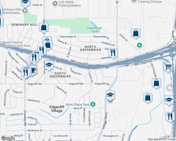 map of restaurants, bars, coffee shops, grocery stores, and more near 5701 Lenore Street in Fort Worth