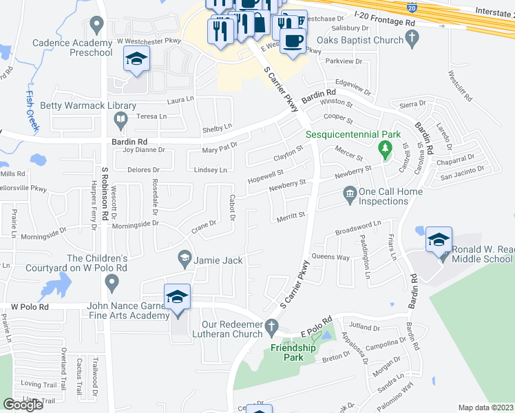 map of restaurants, bars, coffee shops, grocery stores, and more near 318 Swallowtail Court in Grand Prairie